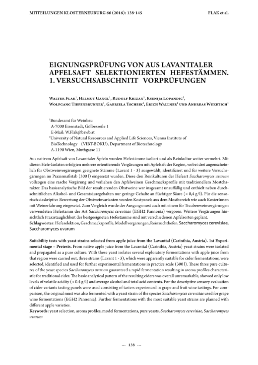 Eignungsprüfung von aus Lavanttaler Apfelsaft selektionierten Hefestämmen. 1. Versuchsabschnitt Vorprüfungen