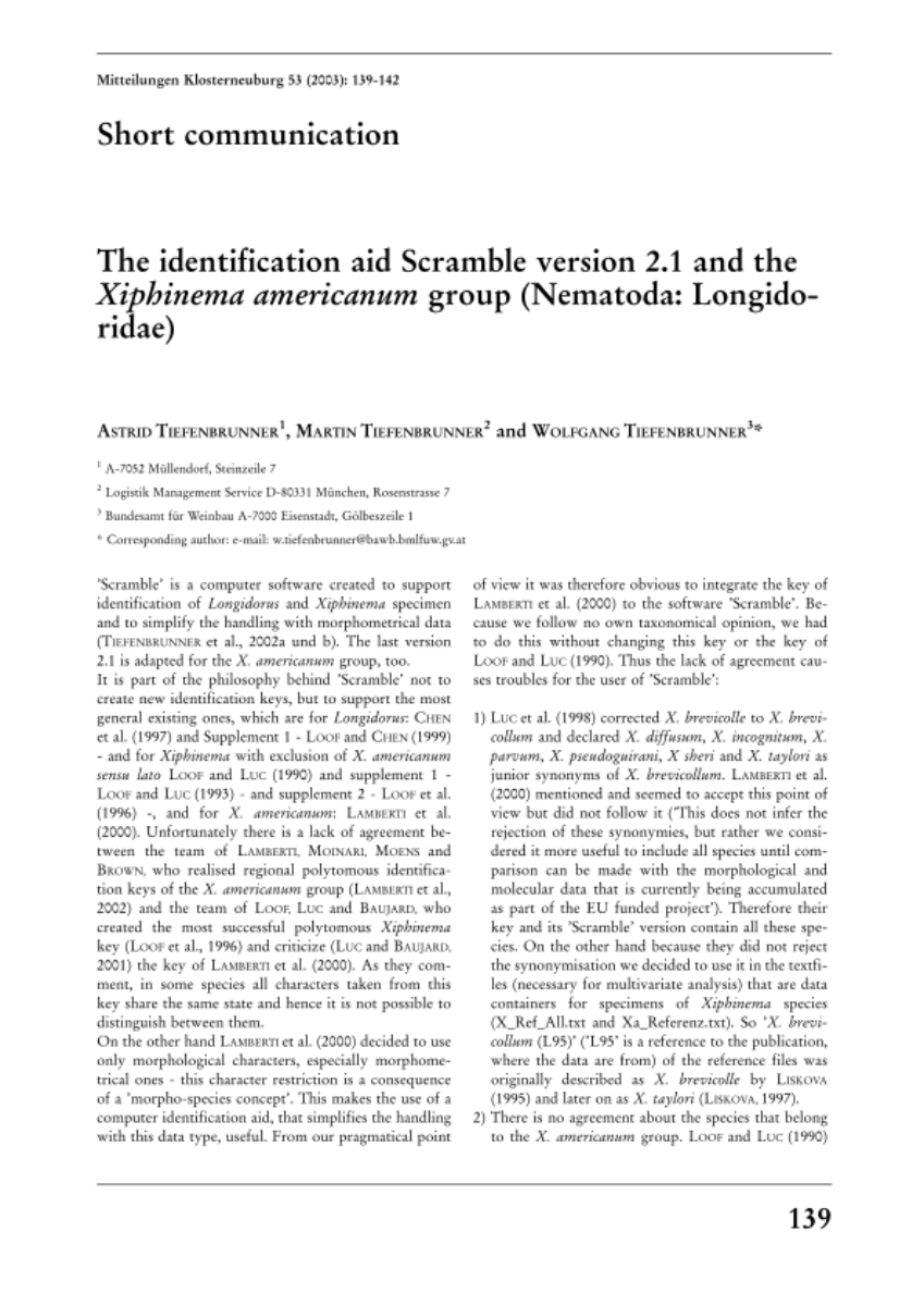 The identification aid Scramble version 2.1 and the Xiphinema americanum group (Nematoda : Longidoridae)