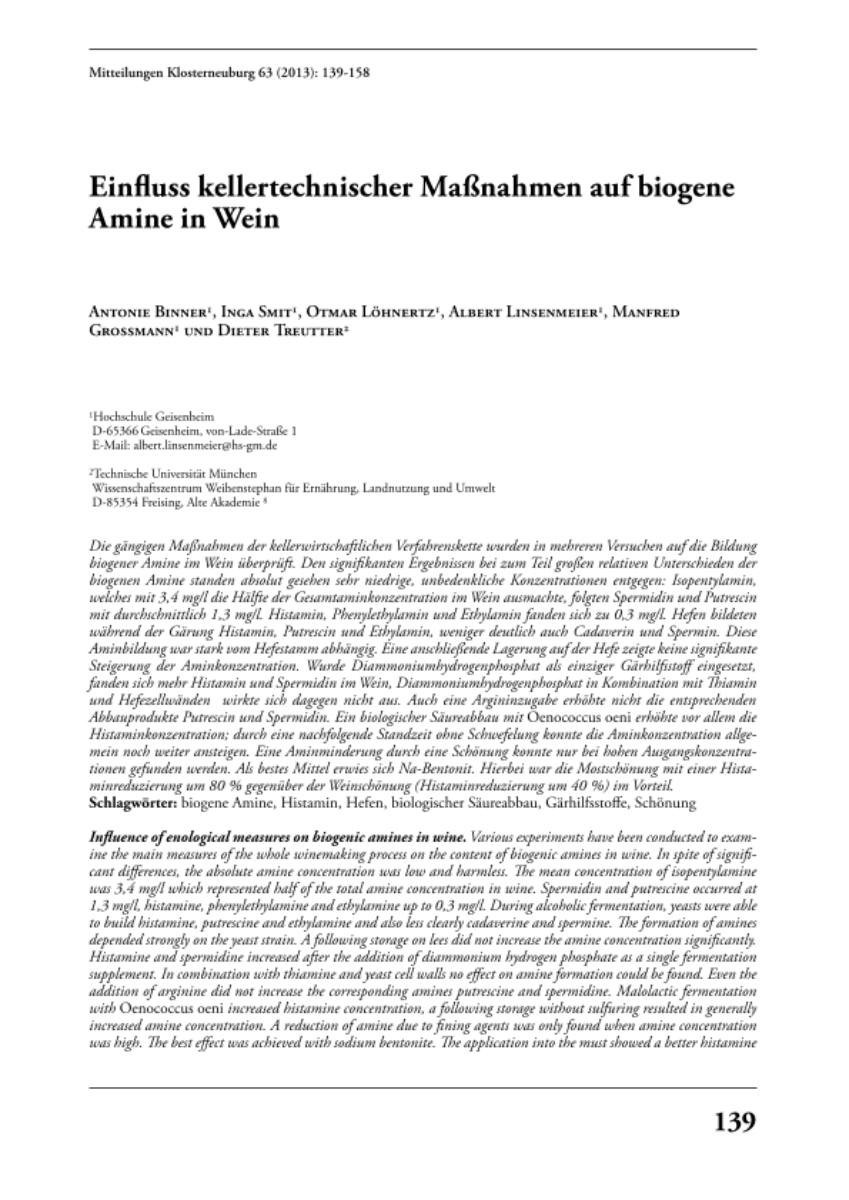 Einfluss kellertechnischer Maßnahmen auf biogene Amine in Wein