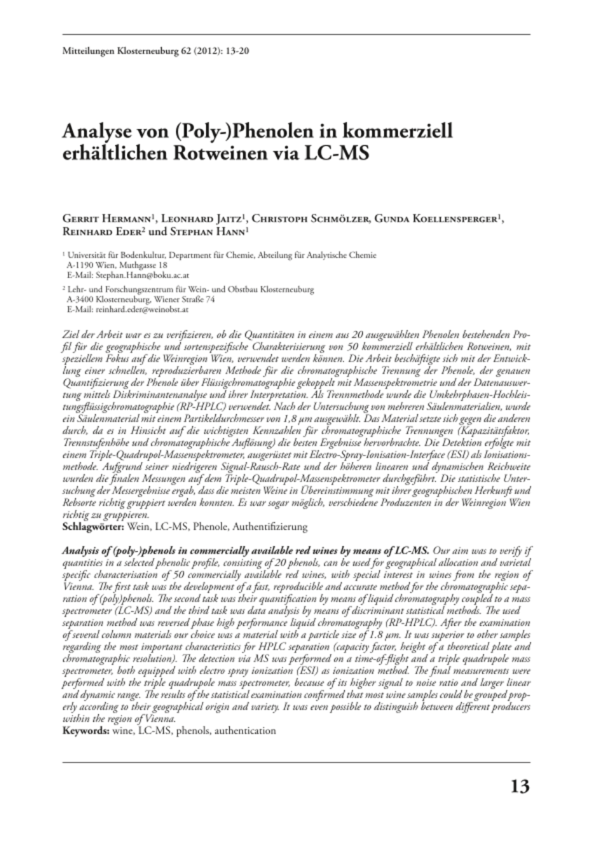 Analyse von (Poly)-Phenolen in kommerziell erhältlichen Rotweinen via LCS-MS