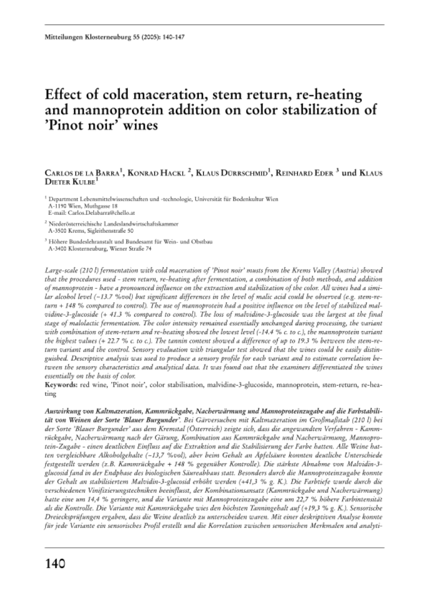 Effect of cold maceration, stem return, re-heating and mannoprotein addition on color stabilization of 'Pinot noir' wines