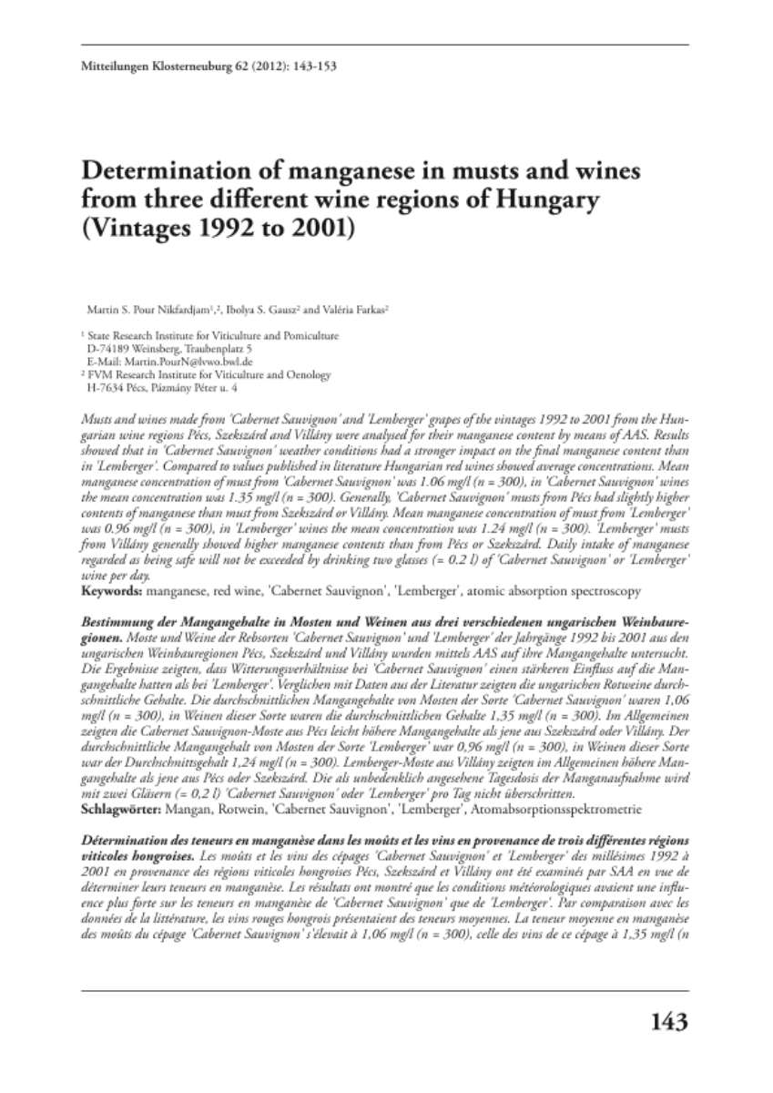 Determination of manganese in musts and wines from three different wine regions of Hungary (Vintages 1992 to 2001)