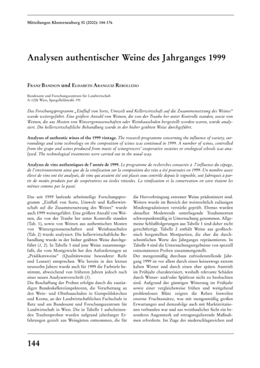 Analysen authentischer Weine des Jahrganges 1999