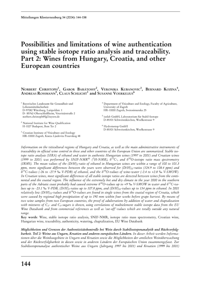 Possibilities and limitations of wine authentication using stable isotope ratio analysis and traceability - Part 2: Wines from Hungary, Croatia, and other European countries