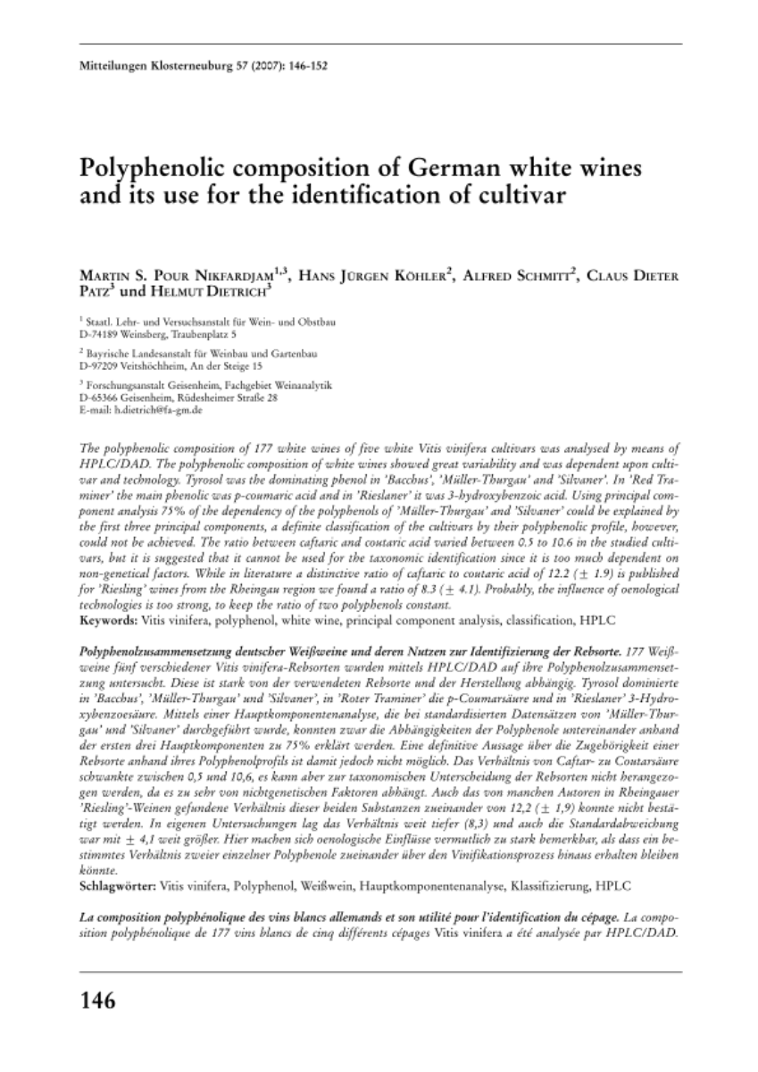 Polyphenolic composition of German white wines and its use for the identification of cultivar