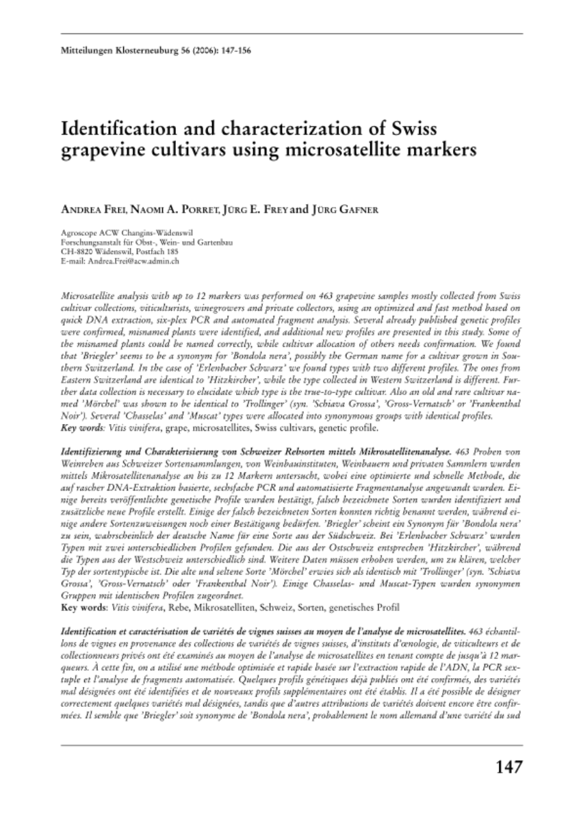 Idenfication and characterization of Swiss grapevine cultivars using microsatellite markers
