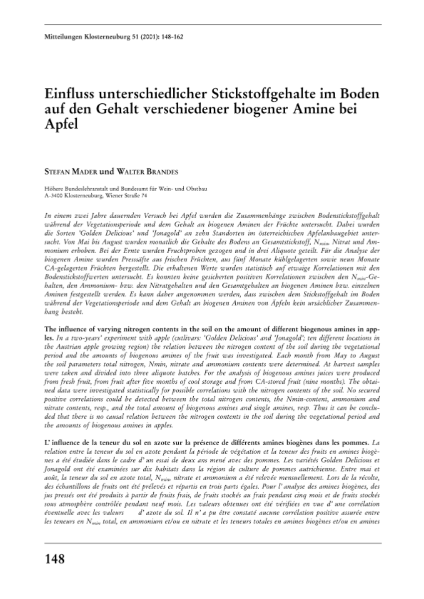 Einfluss unterschiedlicher Stickstoffgehalte im Boden auf den Gehalt verschiedener biogener Amine bei Apfel