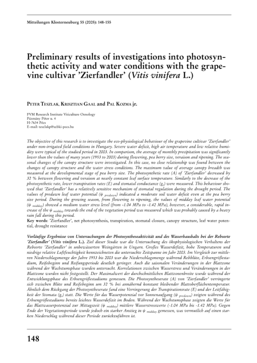 Preliminary results of investigations into photosynthetic activity and water conditions with the grapevine cultivar 'Zierfandler' (Vitis vinifera L.)