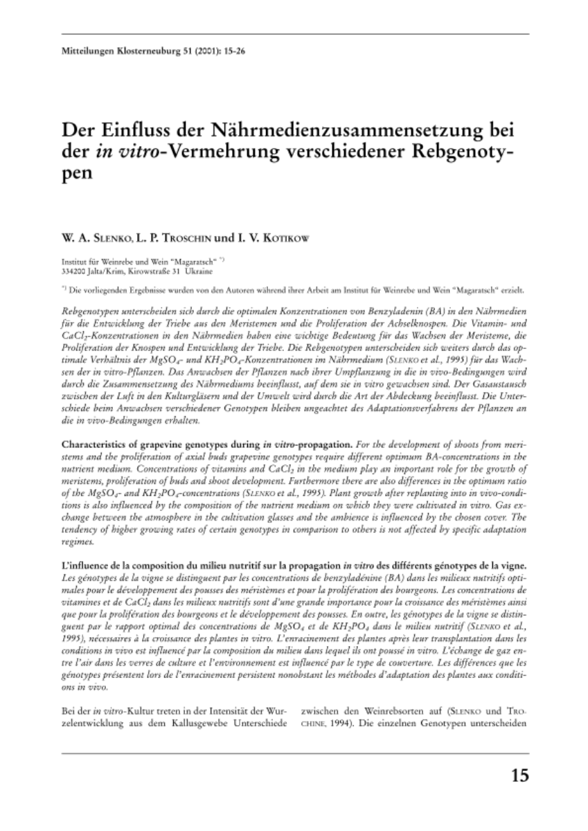 Der Einfluss der Nährmedienzusammensetzung bei der in vitro-Vermehrung verschiedener Rebgenotypen