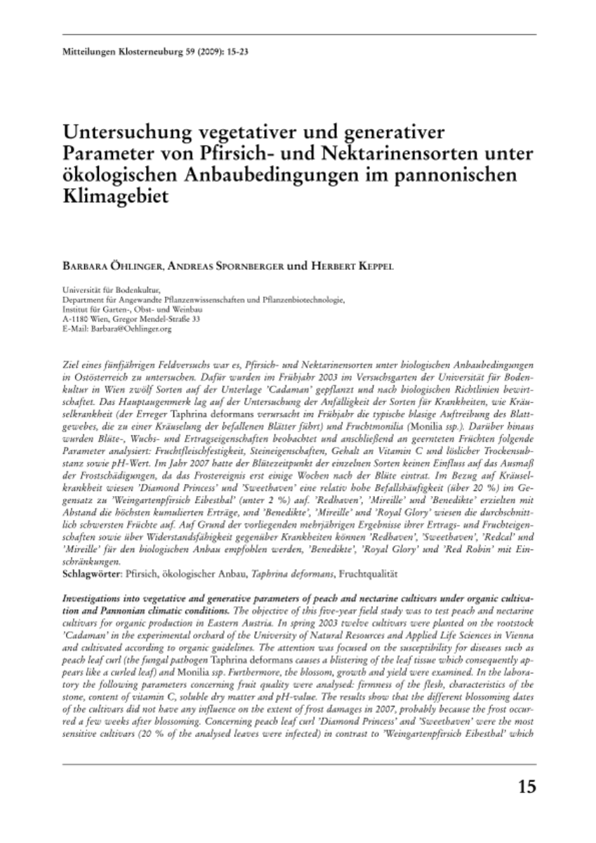 Untersuchung vegetativer und generativer Parameter von Pfirsich- und Nektarinensorten unter ökologischen Anbaubedingungen im pannonischen Klimagebiet