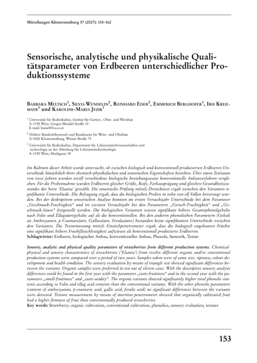 Sensorische, analytische und physikalische Qualitätsparameter von Erdbeeren unterschiedlicher Produktionssysteme
