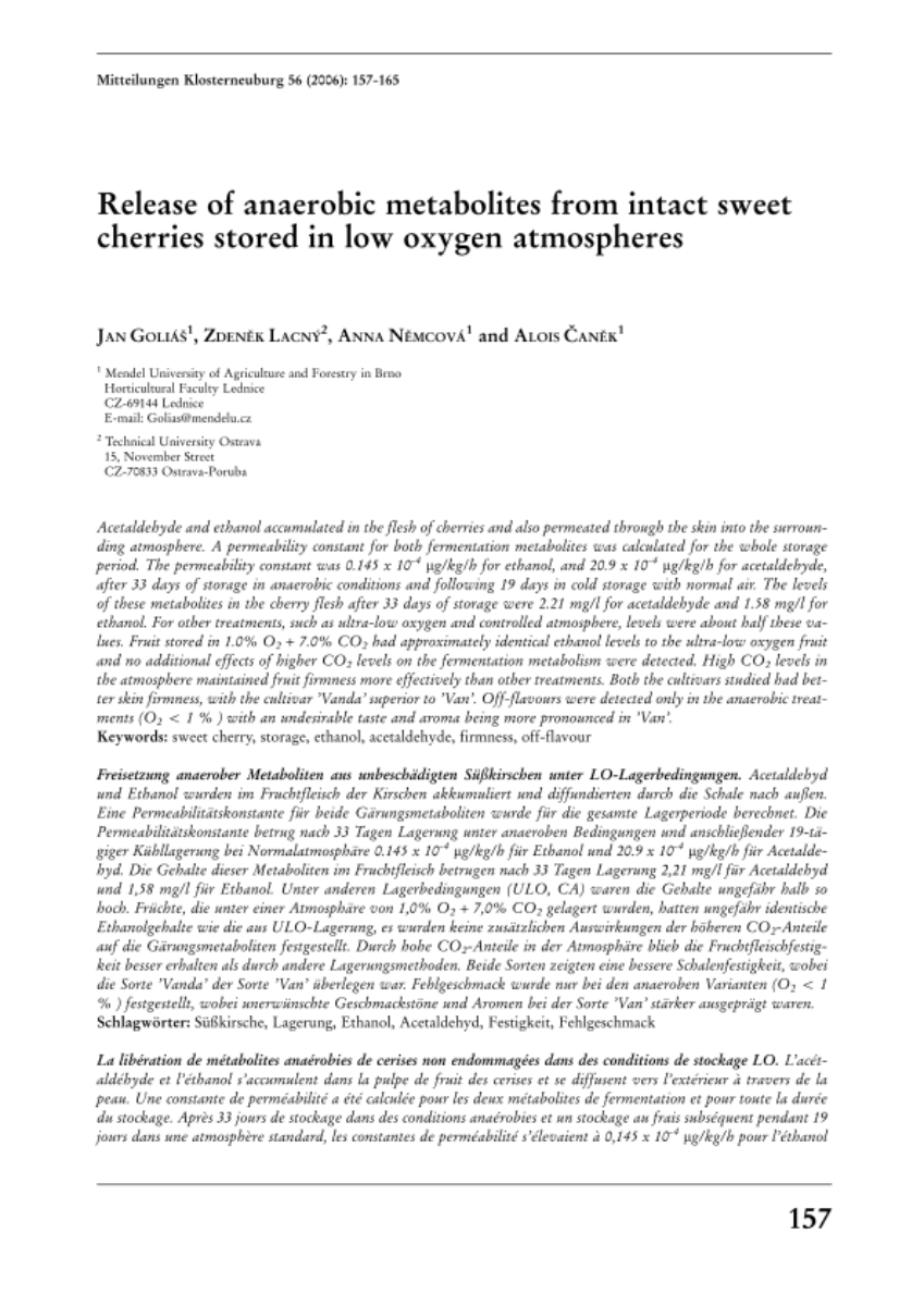 Release of anaerobic metabolites from intact sweet cherries stored in low oxygen atmospheres