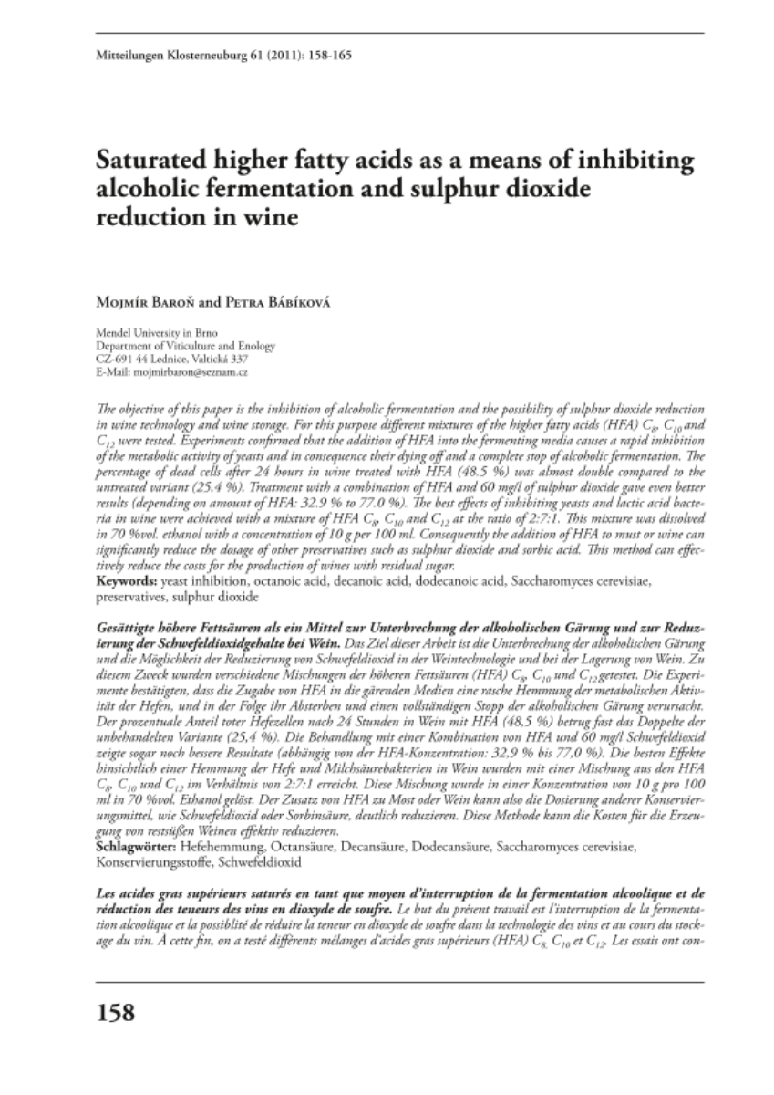Saturated higher fatty acids as a means of inhibiting alcoholic fermentation and sulphur dioxide reduction in wine