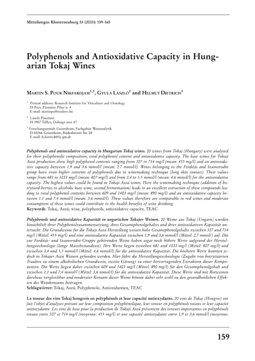 Polyphenols and antioxidative capacity in Hungarian Tokaj wines