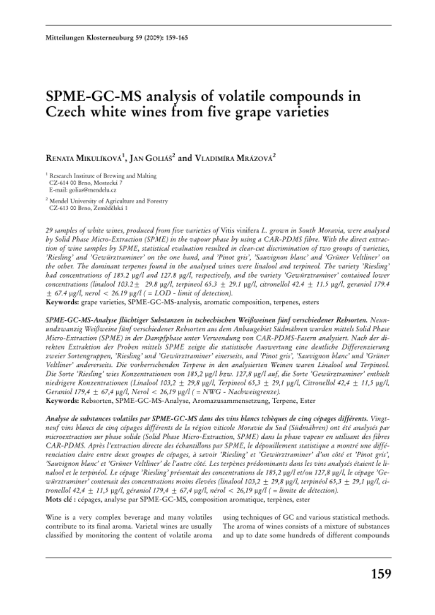 SPME-GC-MS analysis of volatile compounds in Czech white wines from five grape varieties