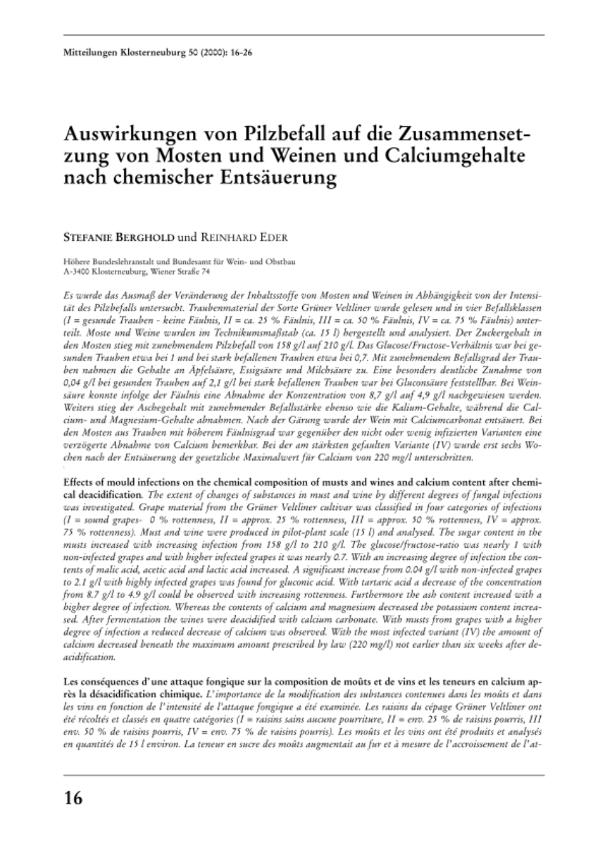 Auswirkungen von Pilzbefall auf die Zusammensetzung von Mosten und Weinen und Calciumgehalte nach chemischer Entsäuerung