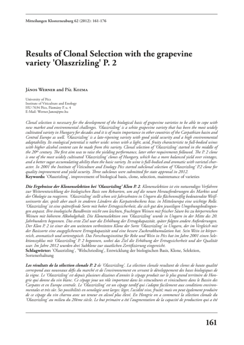 Results of Clonal Selection with the grapevine variety 'Olaszrizling' P. 2