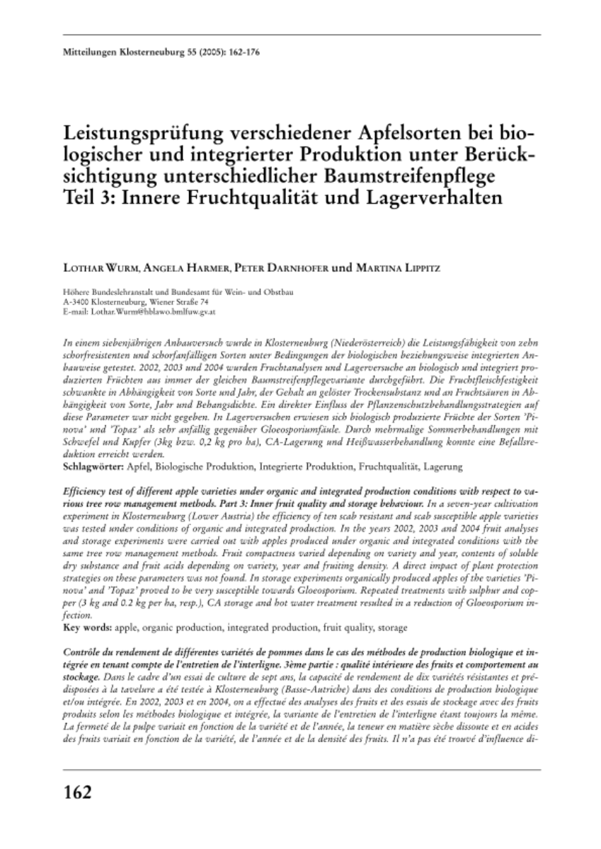 Leistungsprüfung verschiedener Apfelsorten bei biologischer und integrierter Produktion unter Berücksichtigung unterschiedlicher Baumstreifenpflege - Teil 3: Innere Fruchtqualität und Lagerverhalten