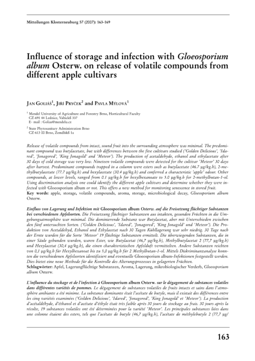 Influence of storage and infection with Gloesporium album Osterw. on release of volatile compounds from different apple cultivars