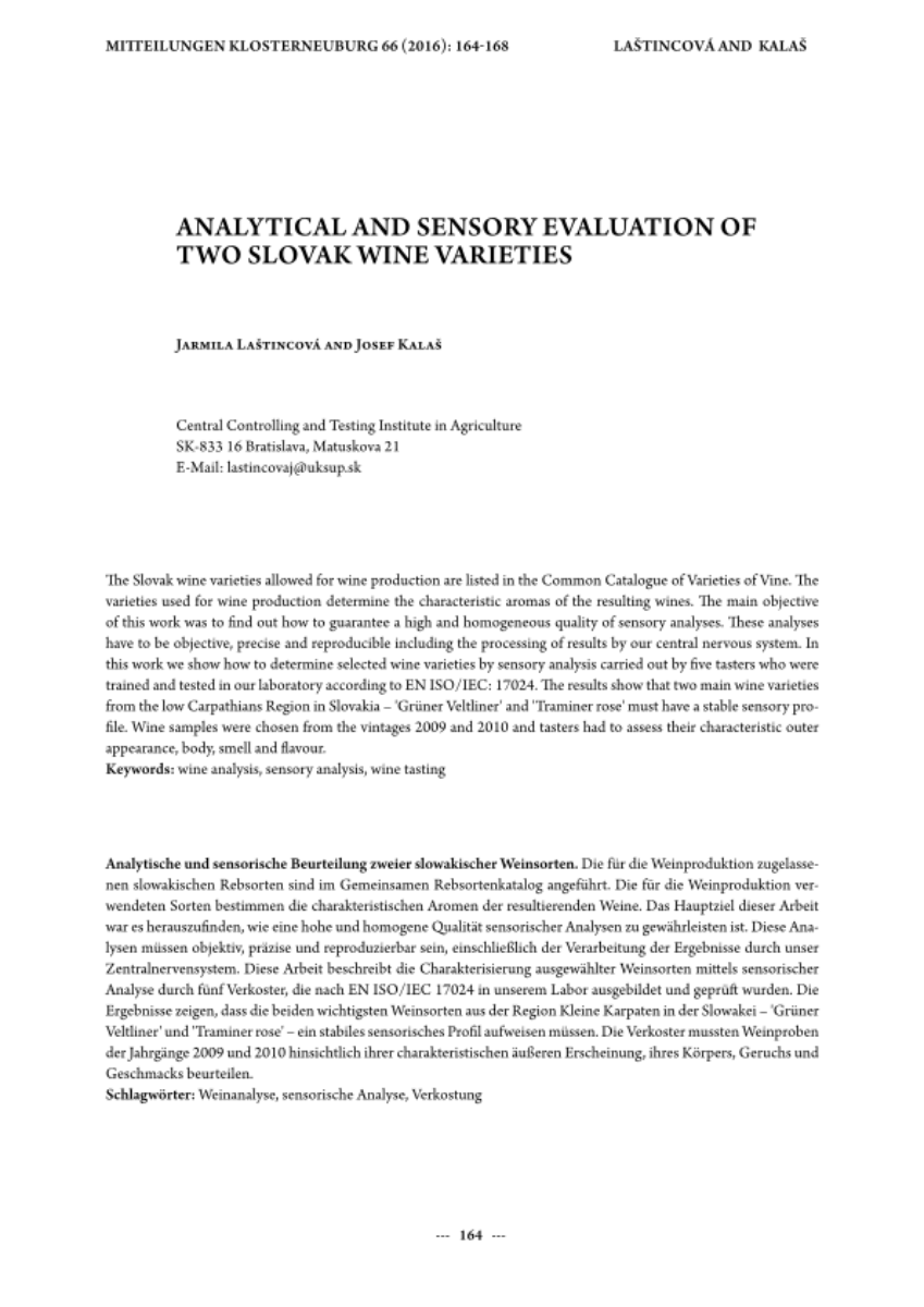 Analytical and sensory evaluation of two Slovak wine varieties