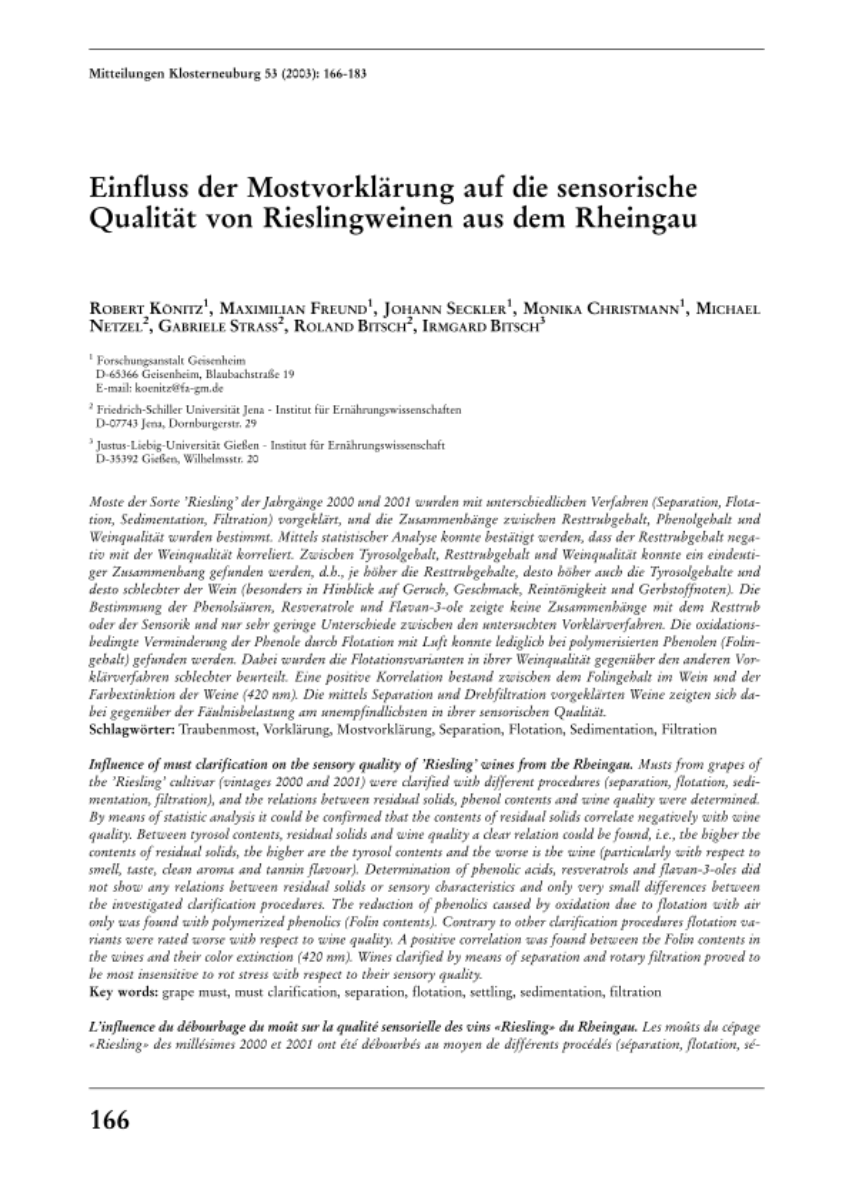 Einfluss der Mostvorklärung auf die sensorische Qualität von Rieslingweinen aus dem Rheingau