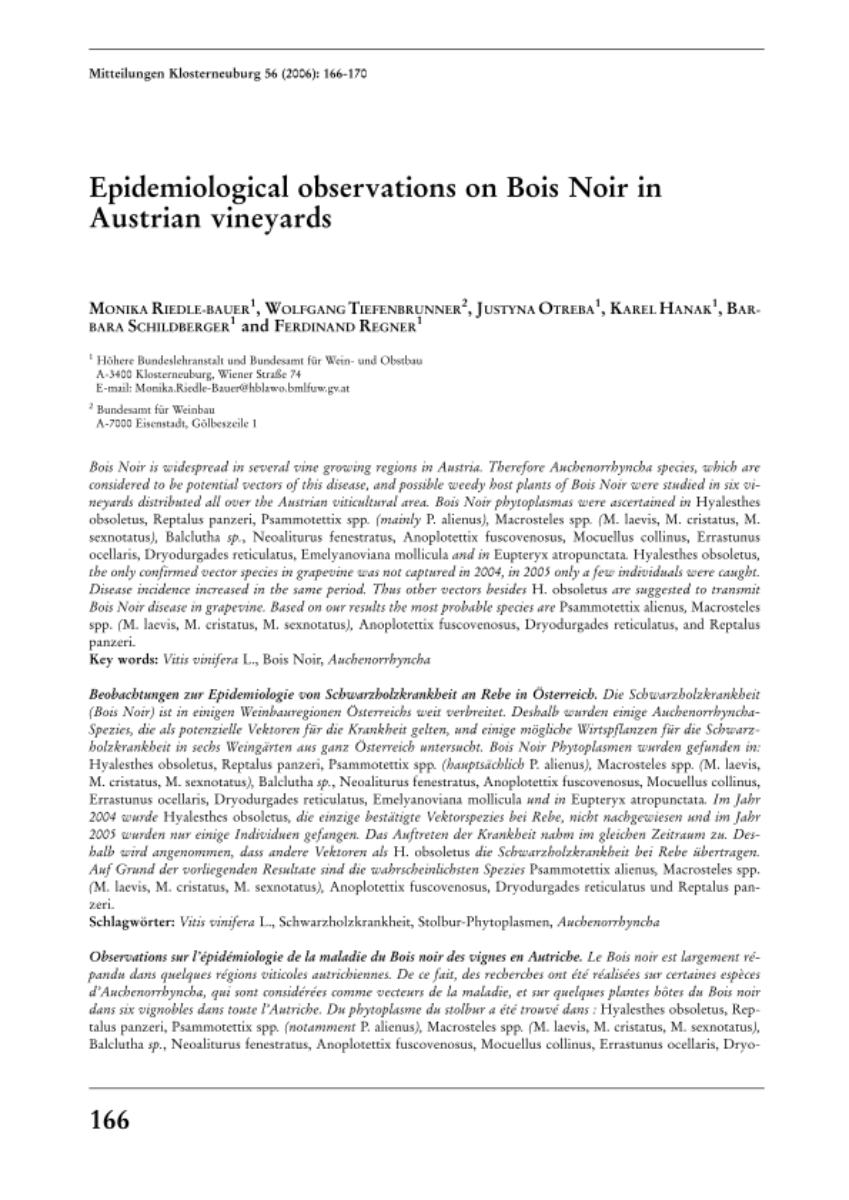 Epidemiological observations on Bois Noir in Austrian vineyards