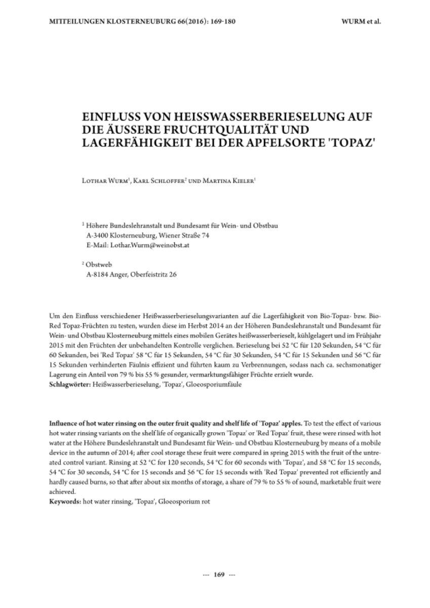 Einfluss von Heißwasserberieselung auf die äußere Fruchtqualität und Lagerfähigkeit bei der Apfelsorte 'Topaz'