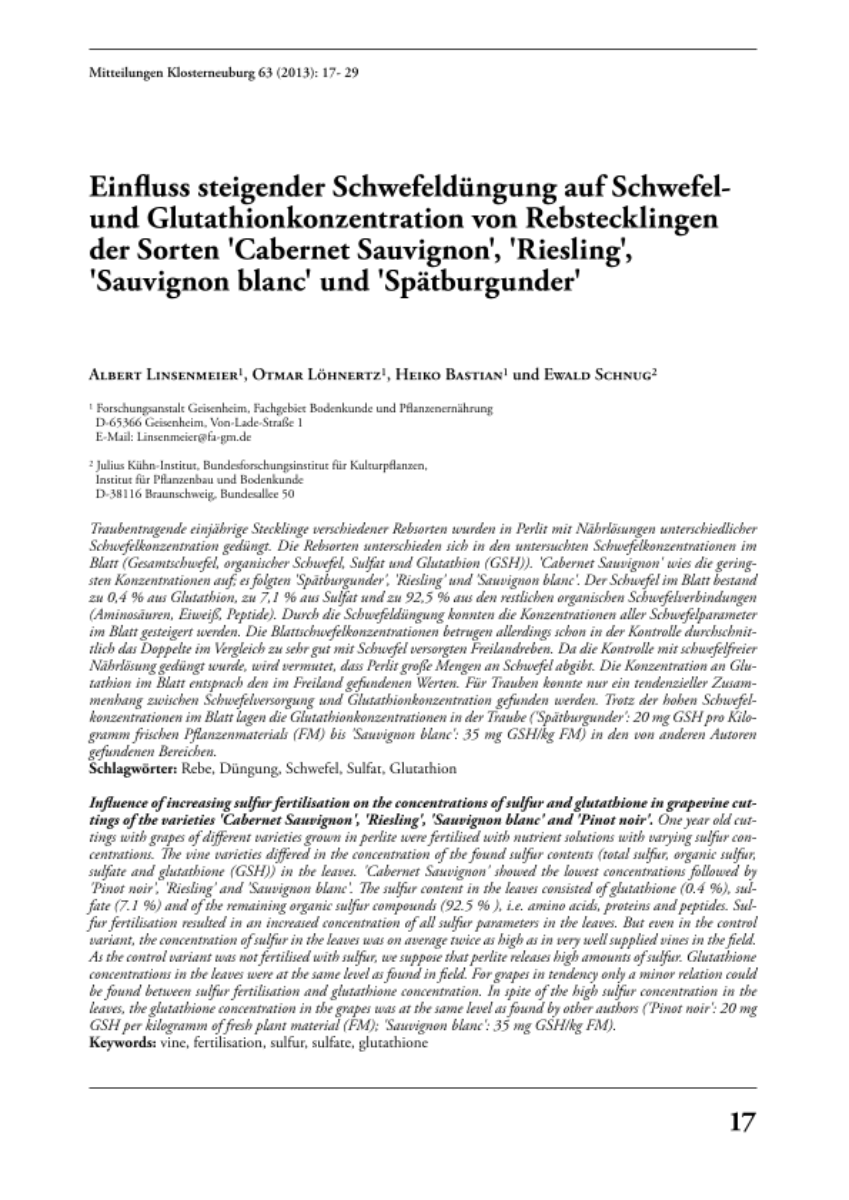 Einfluss steigender Schwefeldüngung auf Schwefel- und Glutathionkonzentration von Rebstecklingen der Sorten 'Cabernet Sauvignon', 'Riesling', 'Sauvignon blanc' und 'Spätburgunder'