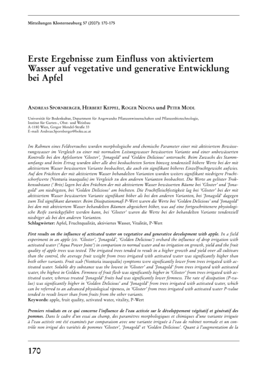 Erste Ergebnisse zum Einfluss von aktiviertem Wasser auf vegetative und generative Entwicklung bei Apfel