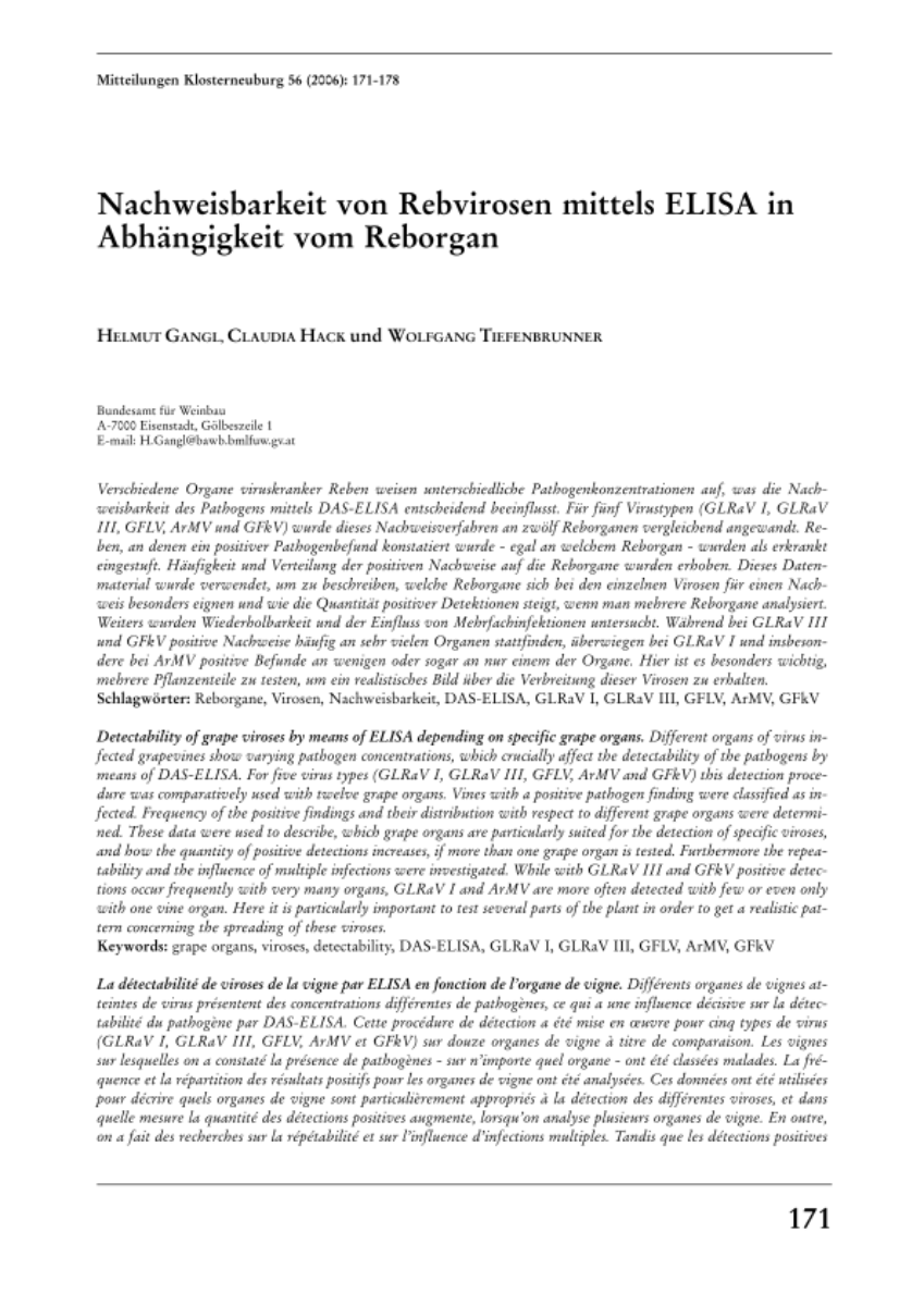 Nachweisbarkeit von Rebvirosen mittels ELISA in Abhängigkeit vom Reborgan