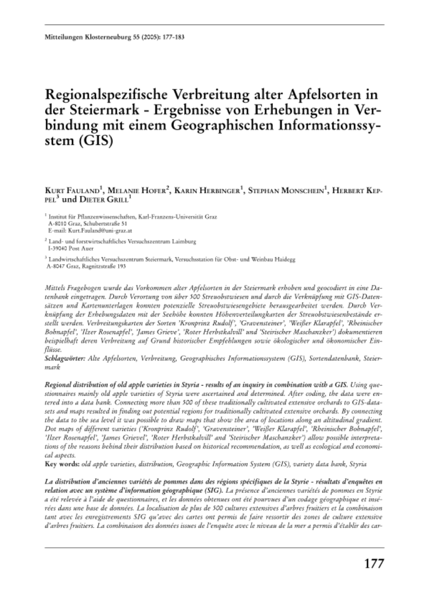 Regionalspezifische Verbreitung alter Apfelsorten in der Steiermark - Ergebnisse von Erhebungen in Verbindung mit einem Geographischen Informationssystem (GIS).