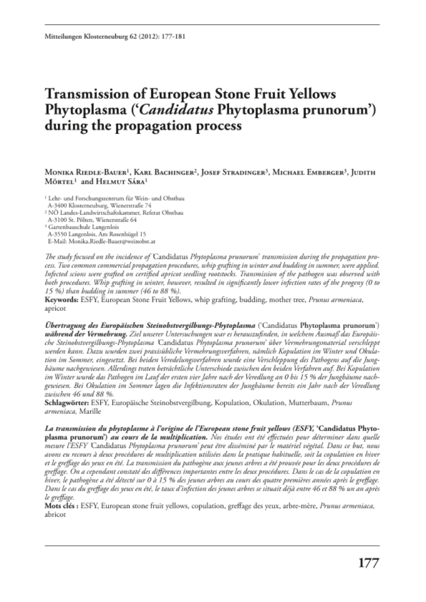 Transmission of European Stone Fruit Yellows Phytoplasma ('Candidatus Phytoplasma prunorum') during the propagation process