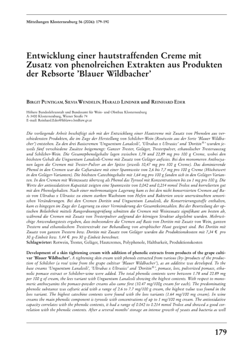 Entwicklung einer hautstraffenden Creme mit Zusatz von phenolischen Extrakten aus Produkten der Rebsorte Blauer Wildbacher