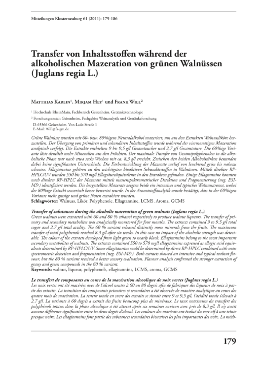 Transfer von Inhaltsstoffen während der alkoholischen Mazeration von grünen Walnüssen (Juglans regia L.)