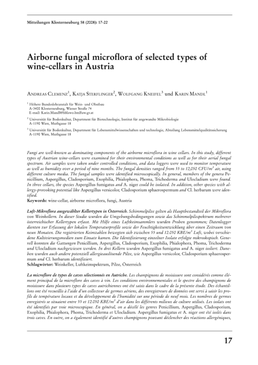 Airborne fungal microflora of selected types of wine-cellars in Austria