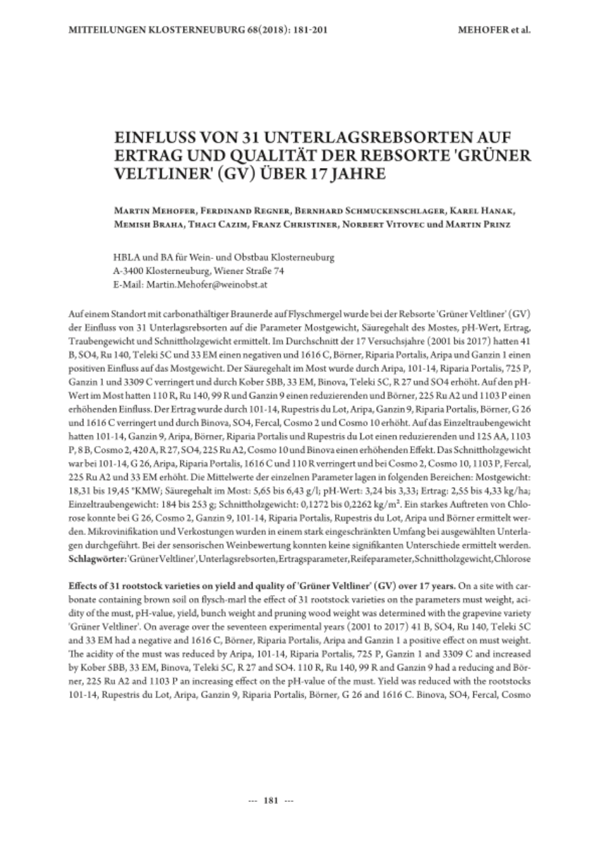 Einfluss von 31 Unterlagsrebsorten auf Ertrag und Qualität der Rebsorte ‚Grüner Veltliner‘ (GV) über 17 Jahre