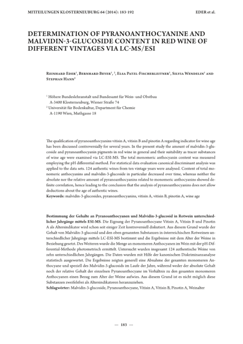 Determination of pyranoanthocyanine and malvidin-3-glucoside content in red wine of different vintages via LC-MS/ESI 