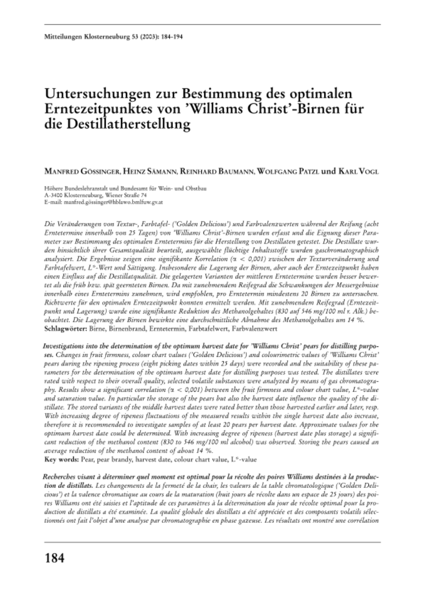 Untersuchungen zur Bestimmung des optimalen Erntezeitpunktes von „Williams Christ“-Birnen für die Destillatherstellung