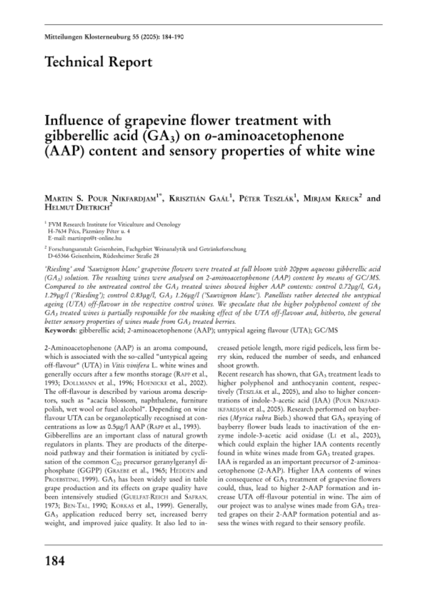 Influence of grapevine flower treatment with gibberellic acid (GA)3 on o-aminoacetophenone (AAP) content and sensory properties of white wine