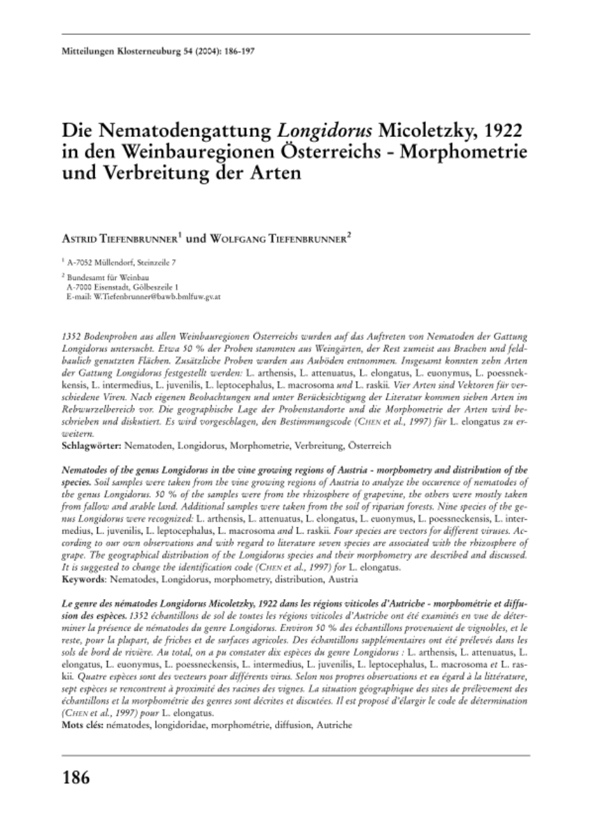 Die Nematodengattung Longidorus Micoletzky, 1922 in den Weinbauregionen Österreichs - Morphometrie und Verbreitung der Arten