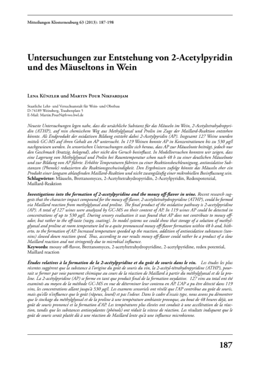 Untersuchungen zur Entstehung von 2-Acetylpyridin und des Mäuseltons in Wein