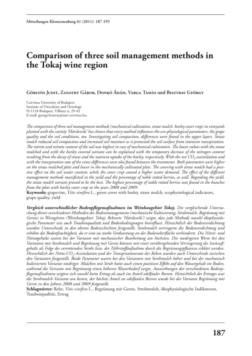 Comparison of three soil management methods in the Tokaj wine region