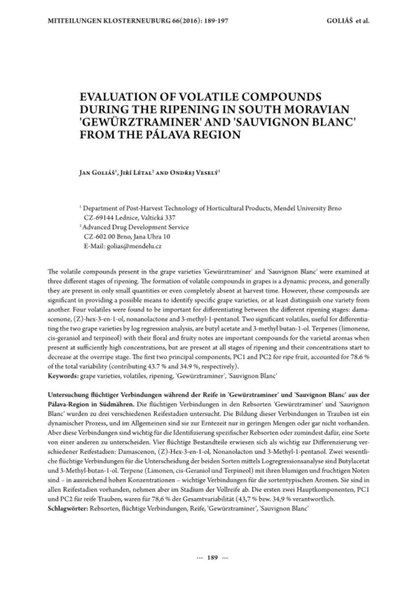 Evaluation of volatile compounds during the ripening in South Moravian 'Gewürztraminer' and 'Sauvignon Blanc' from the Pálava region