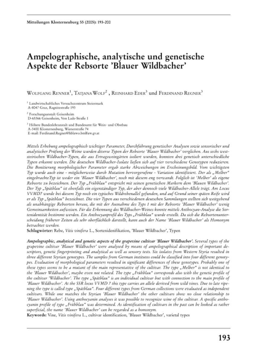 Ampelographische, analytische und genetische Aspekte der Rebsorte 'Blauer Wildbacher'