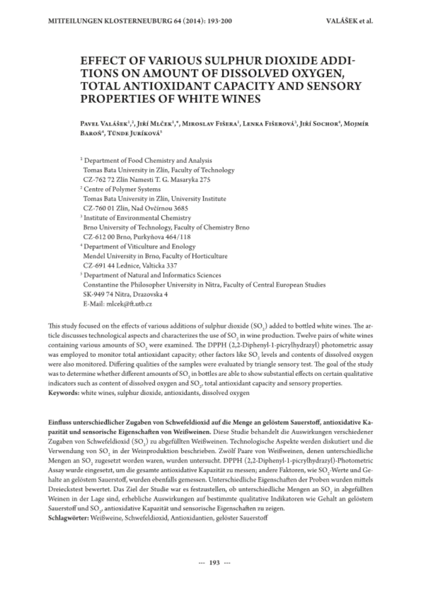 Effect of various sulphur dioxide additions on amount of dissolved oxygen, total antioxidant capacity and sensory properties of white wines