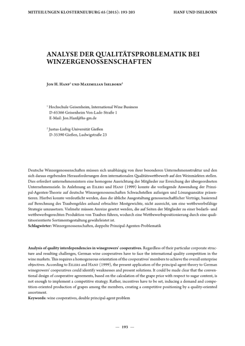 Analyse der Qualitätsproblematik bei Winzergenossenschaften