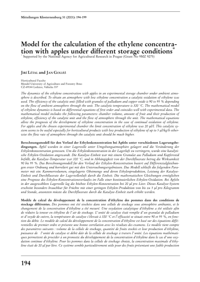 Model for the calculation of the ethylene concentration with apples under different storage conditions