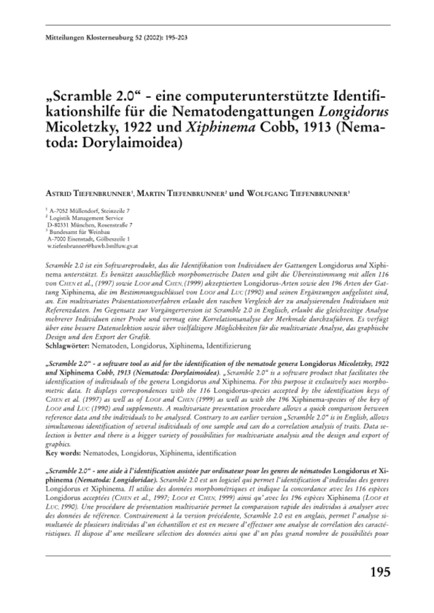 Scramble 2.0 - eine computerunterstützte Identifikationshilfe für die Nematodengattungen Longidorus Micoletzky, 1922 und Xiphinema Cobb, 1913 (Nematoda: Dorylaimoidea)