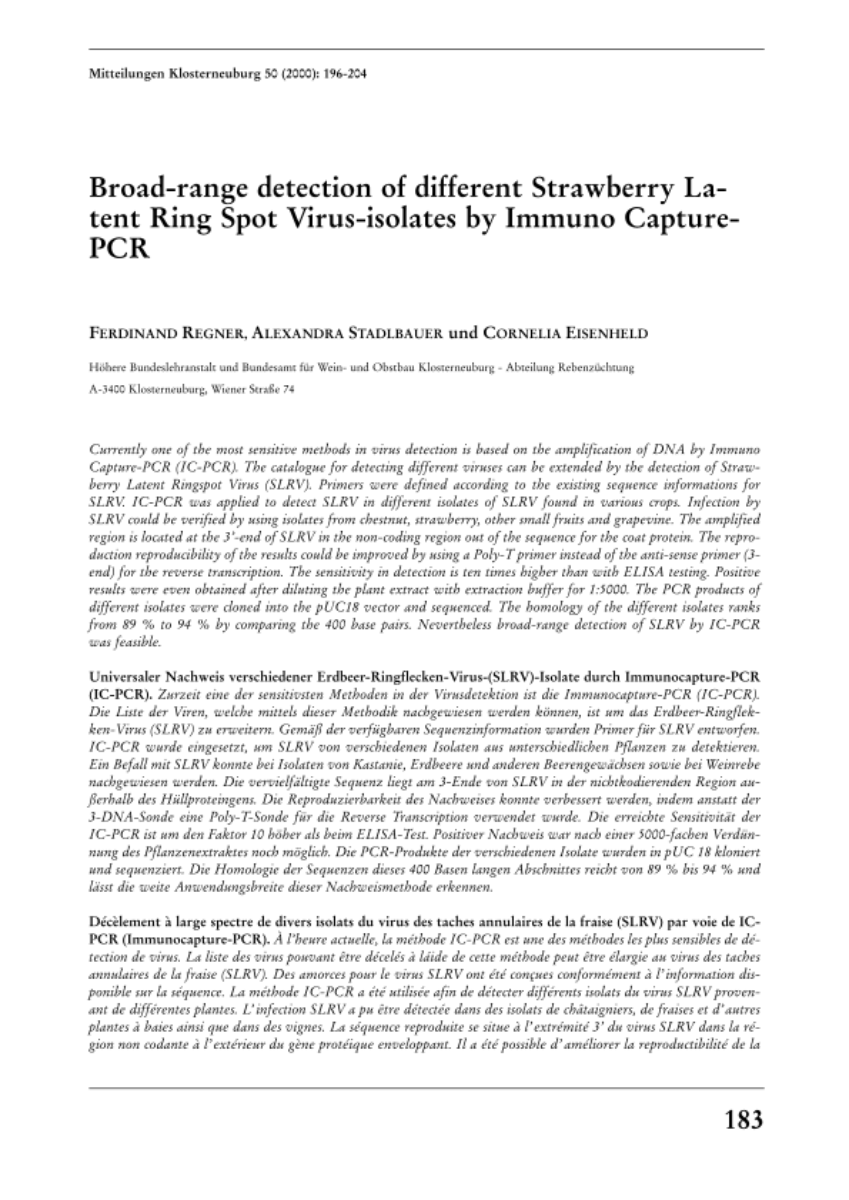 Broad-range detection of different Strawberry Latent Ring Spot Virus-isolates by Immuno Capture-PCR