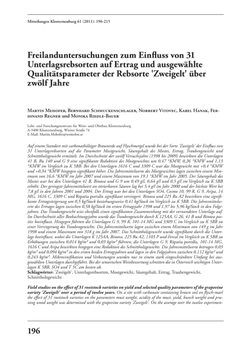 Freilanduntersuchungen zum Einfluss von 31 Unterlagsrebsorten auf Ertrag und ausgewählte Qualitätsparameter der Rebsorte 'Zweigelt' über zwölf Jahre